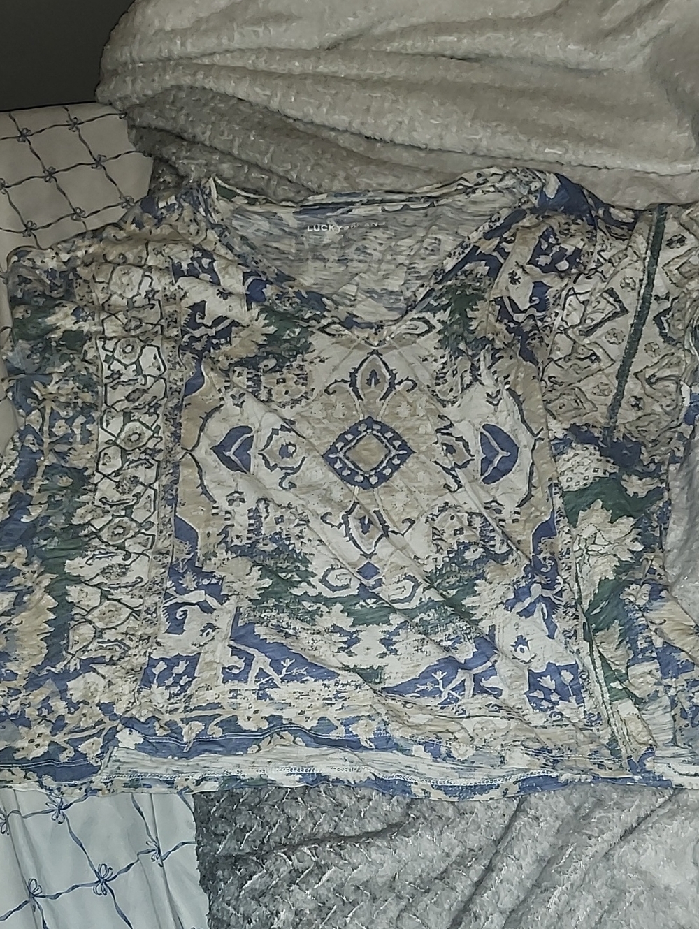 Lucky Brand Blue, Green and Cream Printed V-Neck Tunic